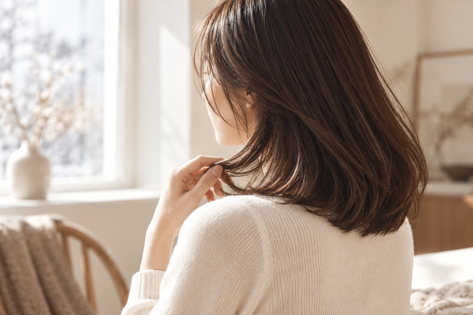 やわらかな光の中で毛先に触れる女性。目指す質感のイメージ